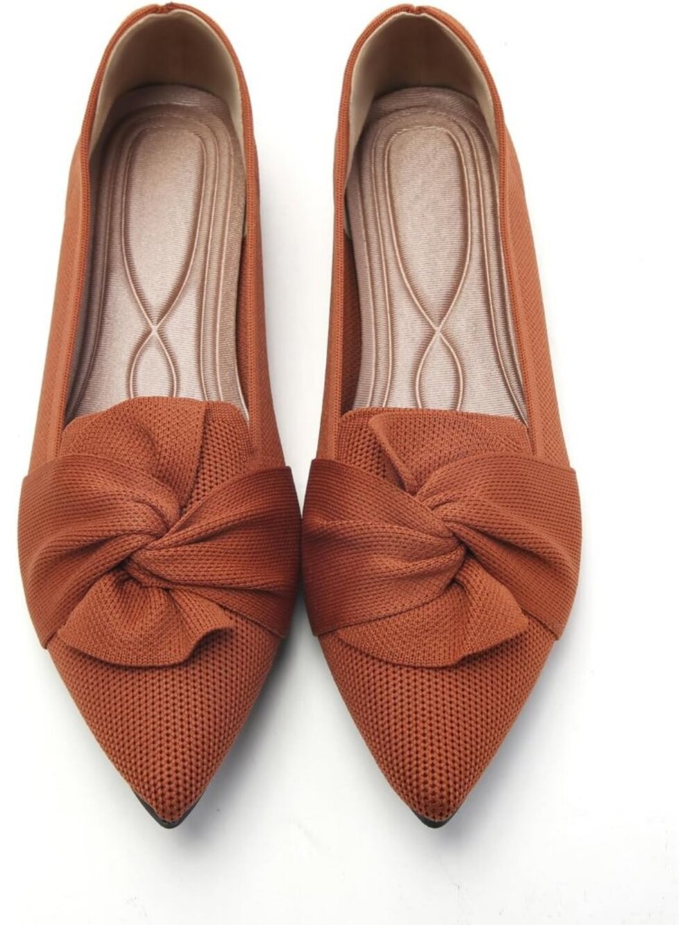 Women's Brown Knit Pointed Toe Cute Bow Solid Flats Comfortable Casual Shoes